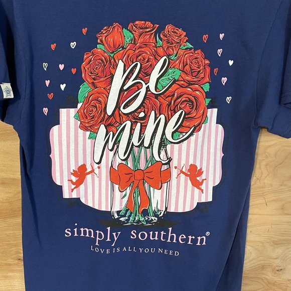 SIMPLY SOUTHERN WOMENS SMALL BE MINE  BLUE TEE SHIRT Cupid Hearts Flowers NWT - Picture 1 of 7